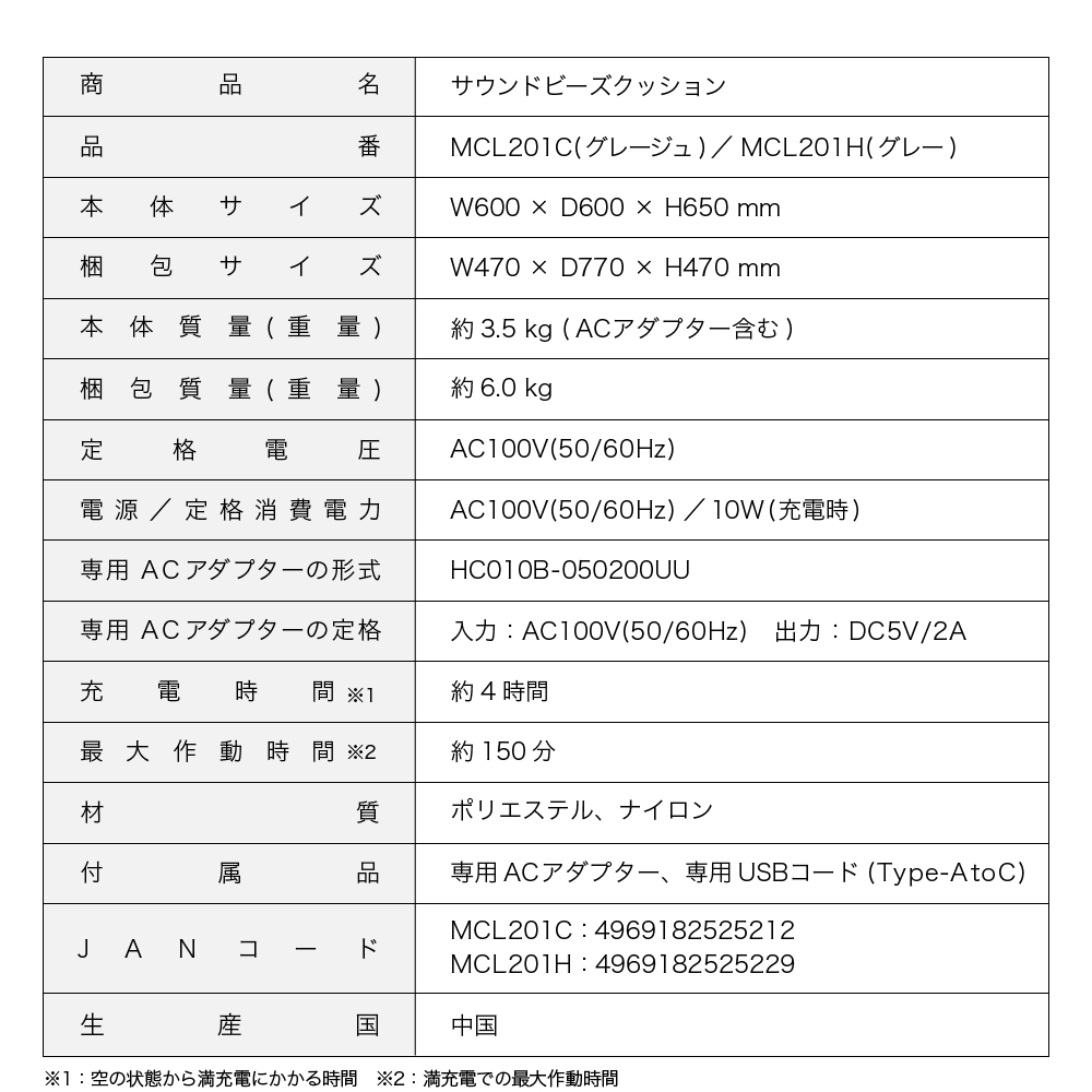 サウンドビーズクッション/MCL201C(グレージュ)/MCL201H(グレー)