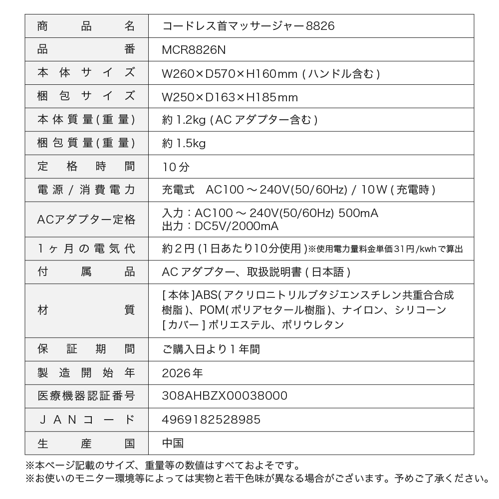 コードレス首マッサージャー8826/MCR8826N